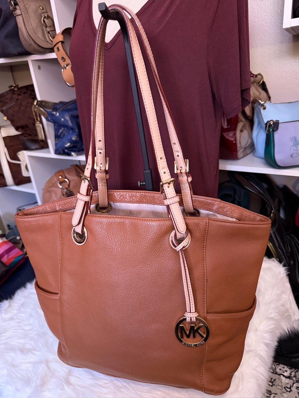 Michael Kors Tan Leather Tote Bag with MK Charm